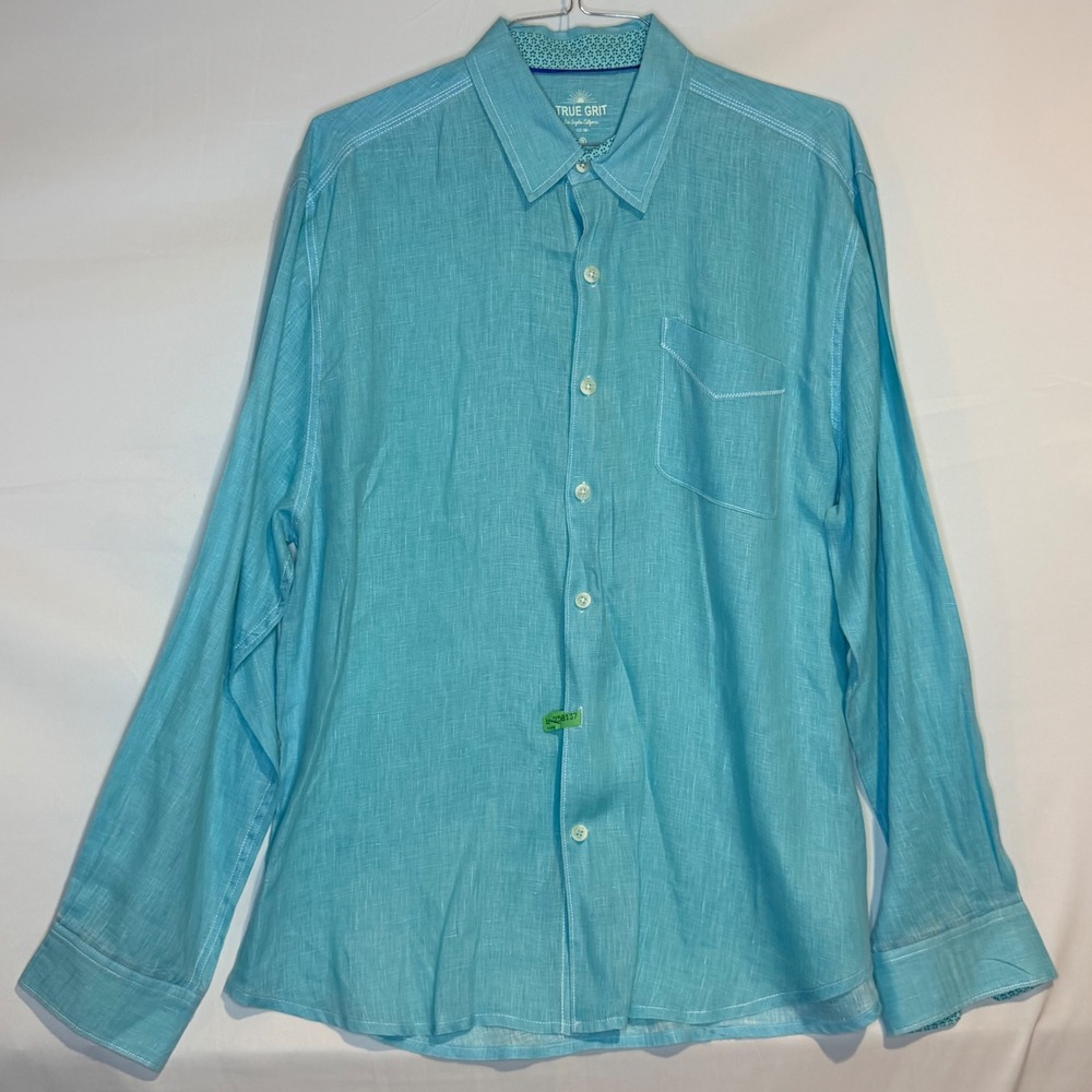 True Grit Mens XXL Long Sleeve Linen Blend Button Down Shirt Turquoise Blue